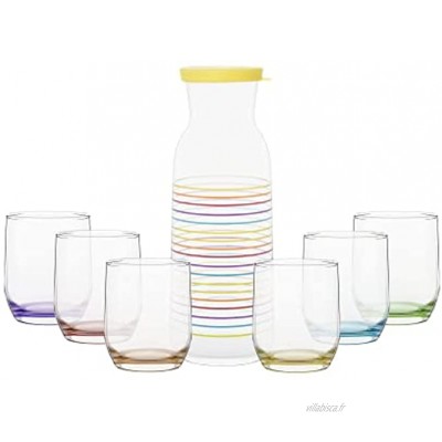 LAV Set de 7 verres à eau 6 verres colorés et 1 carafe pour l'été 6 verres 320 ml carafe à eau 1,2 litre