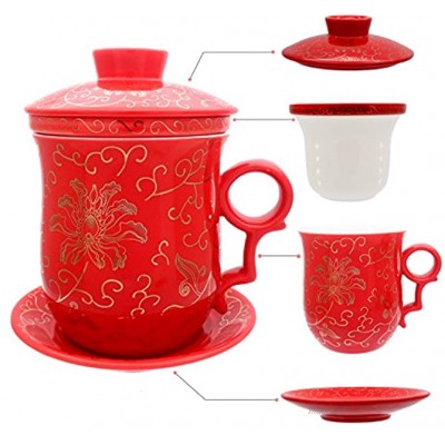 Hollihi Ensemble tasse à thé en porcelaine avec couvercle et soucoupe Tasse en céramique chinoise Système d’infusion