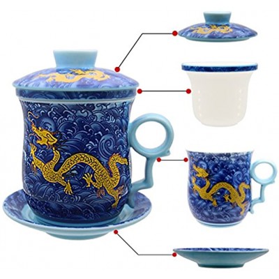 Hollihi Tasse en porcelaine avec couvercle soucoupe et infuseur Tasse à thé chinoise en porcelaine Jingdezhen pour thé en vrac ou café Pour la maison ou le bureau