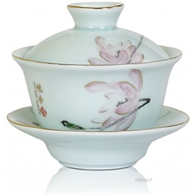 Tasse à thé Gaiwan en porcelaine avec couvercle et soucoupe Motif lotus chinois 130 ml