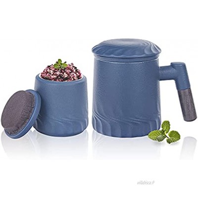 WANGIRL Grande tasse à thé avec couvercle et passoire 400 ml tasse à thé en céramique émaillée avec poignée en palissandre boîte cadeau avec couvercle et boîte à thé couleur : bleu