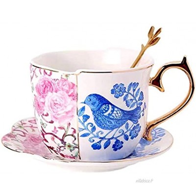 Ensemble tasse et soucoupe 13 x 6 cm en céramique bleue irrégulière motif oiseaux et fleurs