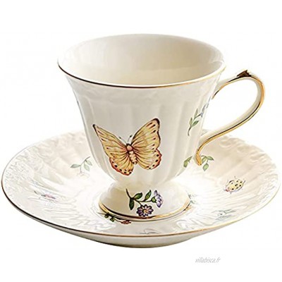P-L Ensemble tasse à thé et soucoupe en céramique avec cuillère motif papillons multicolores tasse à café et soucoupe pour latte cappuccino et thé 240 ml