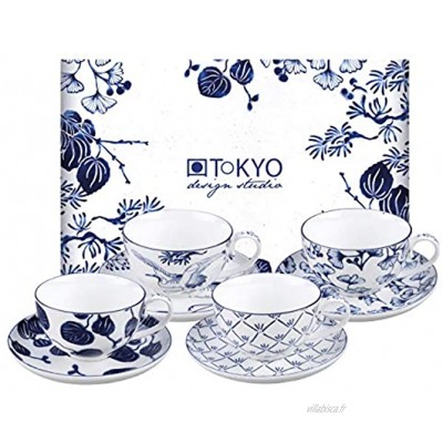 TOKYO design studio Flora Japonica Set 4 Tasses Bleu-Blanc avec soucoupes Ø 10 cm Hauteur 6,5 cm 250 ML Porcelaine d'Asie décor Floral Japonais avec boîte Cadeau