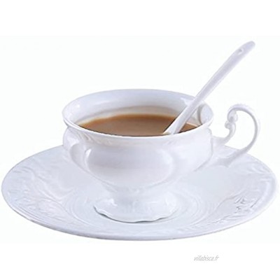 WYGOAKG Tasse à café en porcelaine anglaise avec soucoupe et cuillère 180 ml Gravure blanche