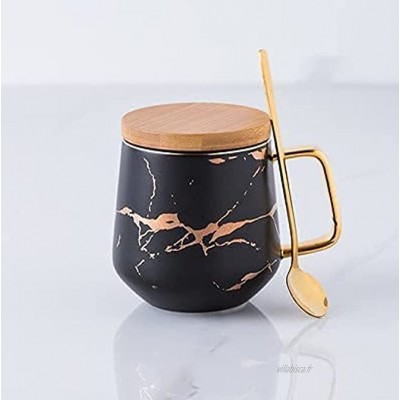 Yoner Tasse à café avec couvercle en bambou et soucoupe 2 en 1 et cuillère en métal doré Motif marbre rétro Tasse en porcelaine env. 380 ml