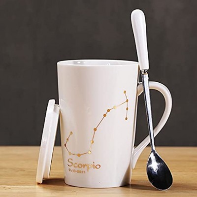 Tasse en porcelaine fantaisie avec couvercle et cuillère Tasse à café à cappuccino avec poignée pour les fans de constellation dans la cuisine Scorpion 450 ml Blanc