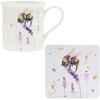 JJA Tasse à café avec dessous de verre motif abeille avec imprimé lavande design unique tasses à thé tasses pour la fête des pères fête des mères cadeau d'anniversaire