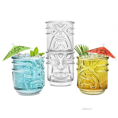 Final Touch TIKI Stackable TUMBLERS Verres à cocktail Gobelet Clair CLEAR 355ml Hawaiian Themed Pack of 4 TK5303