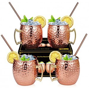 Lot de 4 tasses en cuivre Moscow Mule avec 4 pailles tasses en cuivre de 530 ml pour cocktail gin bière boisson coffret cadeau pour barman et barman