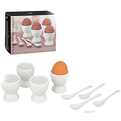 Smart-Planet Lot de 4 coquetiers classiques blancs en porcelaine de qualité supérieure avec cuillère – Support à œufs pour œufs de petit déjeuner – Egg-Cup brillant