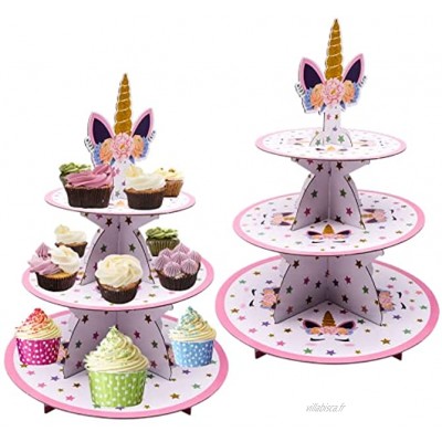 2pcs Supports à Cupcakes en Carton Licorne Présentoir Gâteau 3 Niveaux Support à Dessert Tour Ronde pour fête d'anniversaire Mariage fête prénatale