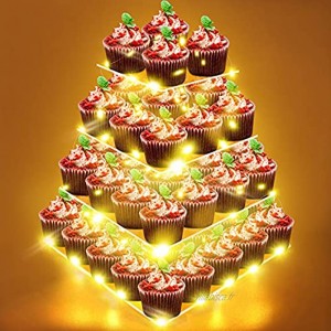Présentoir Gâteau 4 Étage Support à Cupcakes avec Guirlande Lumineuse Jaune Tour d'affichage de Dessert Présentoir à Macarons Beignet Muffin en Acrylique pour Anniversaire Mariage Fête Buffet