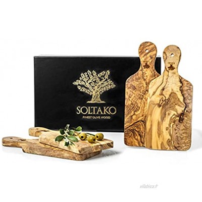 SOLTAKO Lot de 4 planches à petit-déjeuner en bois d'olivier exclusif env. 29 x 12,5 x 2 cm avec poignée planche à découper en bois d'olivier