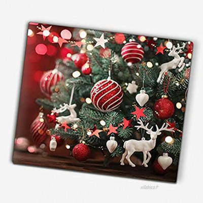 Coloray Planche À Découper Noël 60x52cm Protection Plaque Induction Cuisson Tapis de Découpe Verre Trempé Décoration de Noël boules d'arbre de Noël rennes