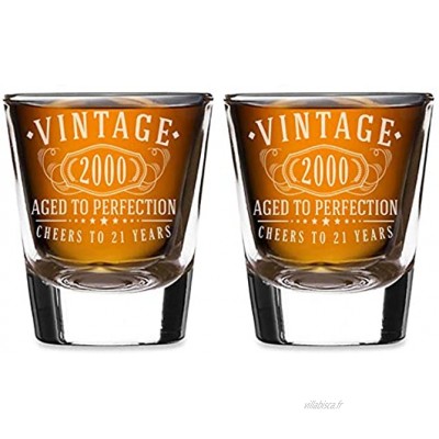 Lot de 2 verres à shot gravés vintage 2000 56,7 g – 21e anniversaire Aged to Perfection – Cadeaux pour 21 ans